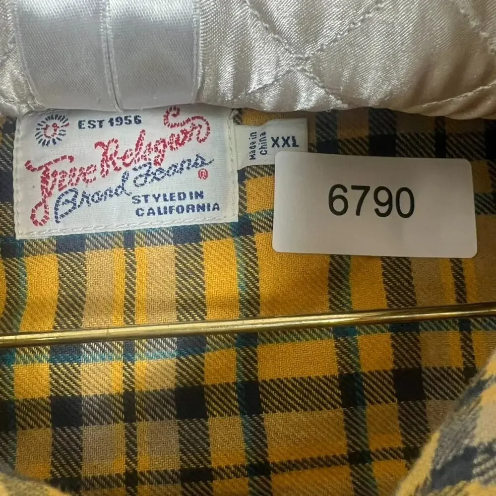 True Religion Shirt Men's Size 2XL Yellow Plaid LongSleeve Pearl Snap Flannel
